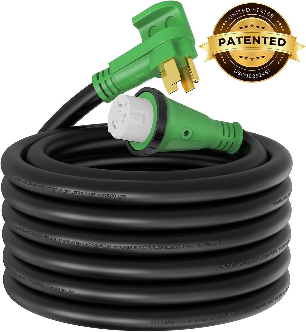 RVMATE 50 Amp 50 Feet RV Lockable Power Extension Cord, Easy Plug in Handle, 14-50P to SS 2-50R with LED Indicator, ETL Listed