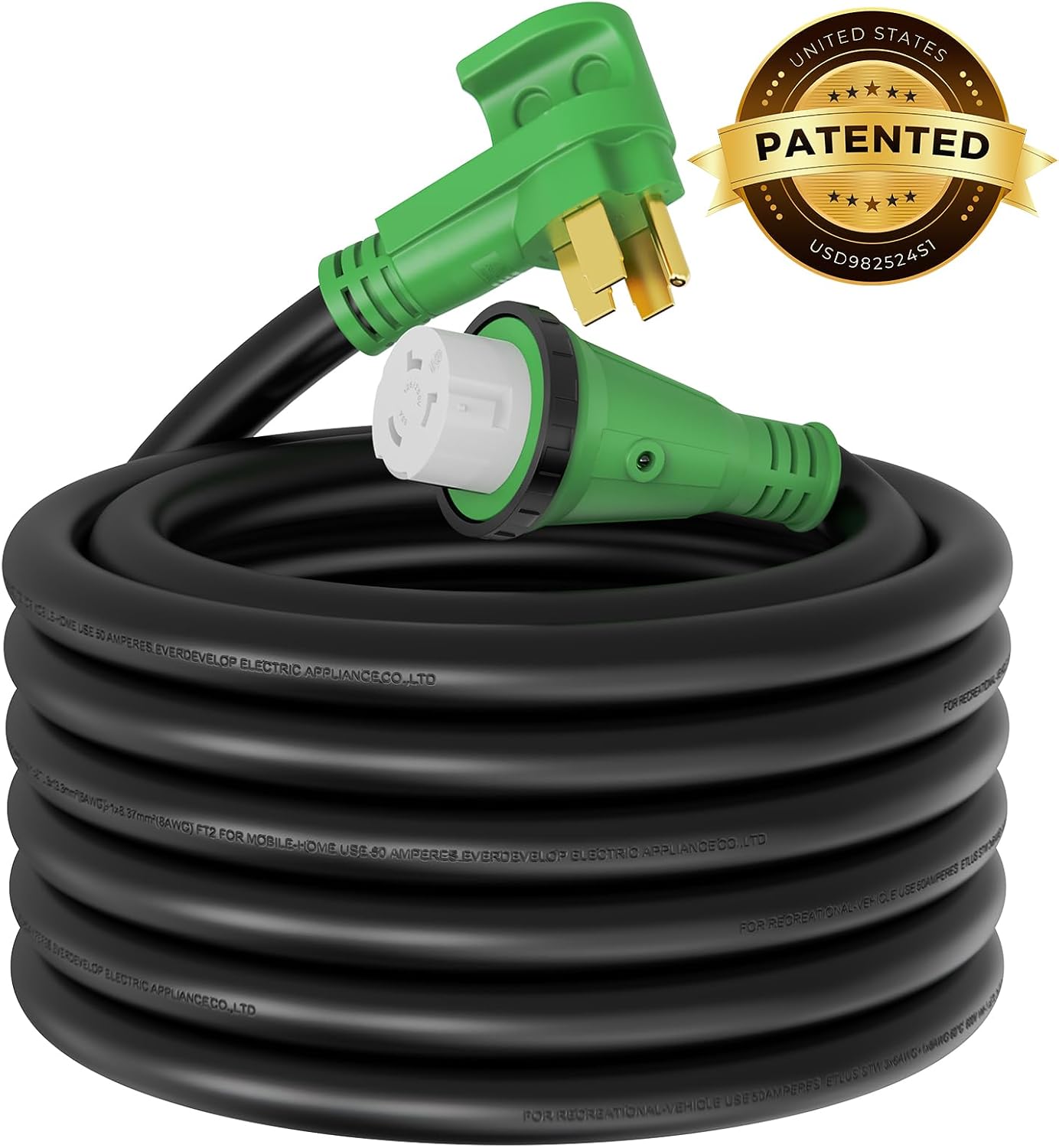 RVMATE 50 Amp 50 Feet RV Lockable Power Extension Cord, Easy Plug in Handle, 14-50P to SS 2-50R with LED Indicator, ETL Listed