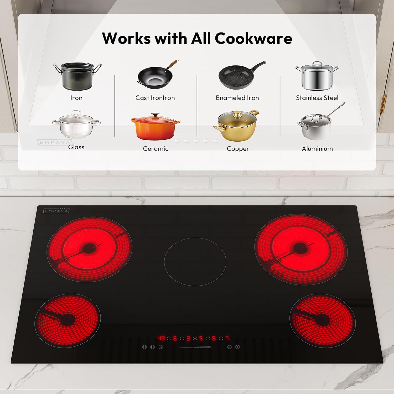 Empava 36 Inch Electric Ceramic Cooktop Built-in, 5 Radiant Burners with Dual Ring Rear Elements & 100W Insulation Zone, Touch Slider Control, Stop & Go, Child Lock, ETL Certified