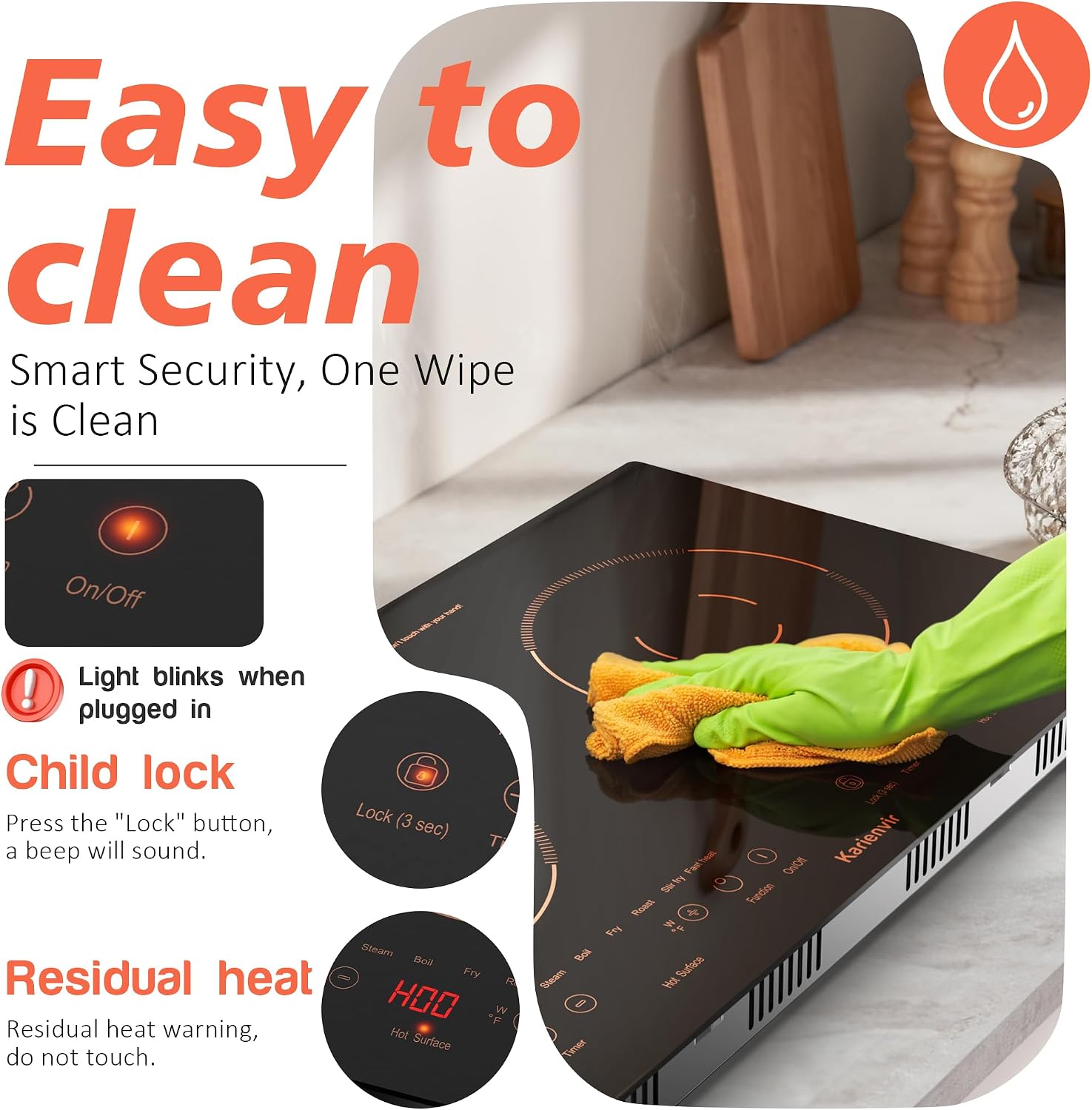 2 Burner Electric Cooktop 110v, 24 Inch Electric Stove Countertop & Built-in, Plug-in Electrics Cooktop, 8 Power Levels & 8 Functions, Touch Control, Safety Lock, Timer, 2000W, Orange