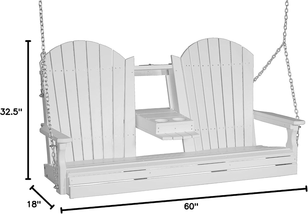 LuxCraft Adirondack Porch Swing 5' with Flip Down Center Console (White)