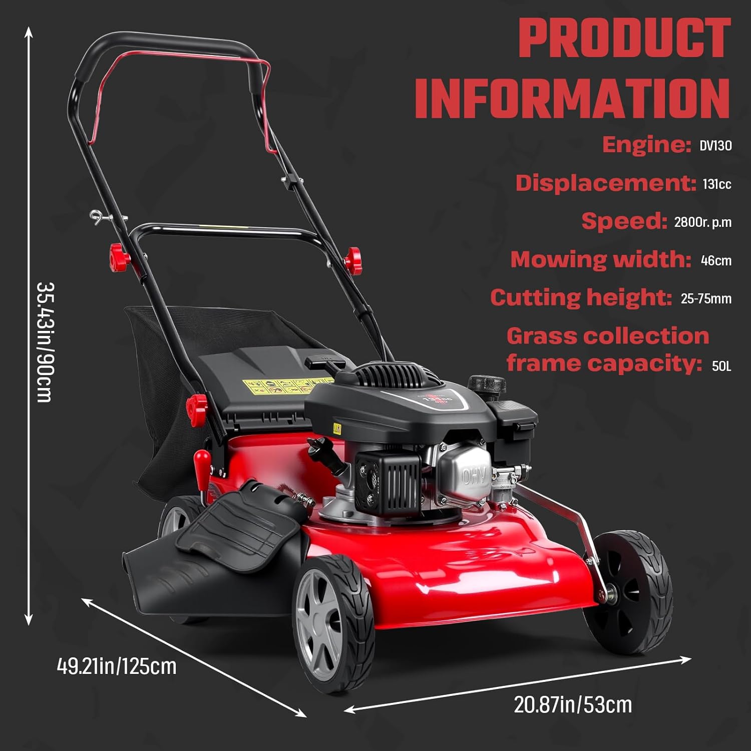 131cc Self Propelled Lawn Mower, 3-in-1 Gas Powered Push Mower with 50L Grass Bag, 20-inch Cutting Deck, Big Wheels for Yard Lawn Care, Mulching, Bagging & Side Discharge