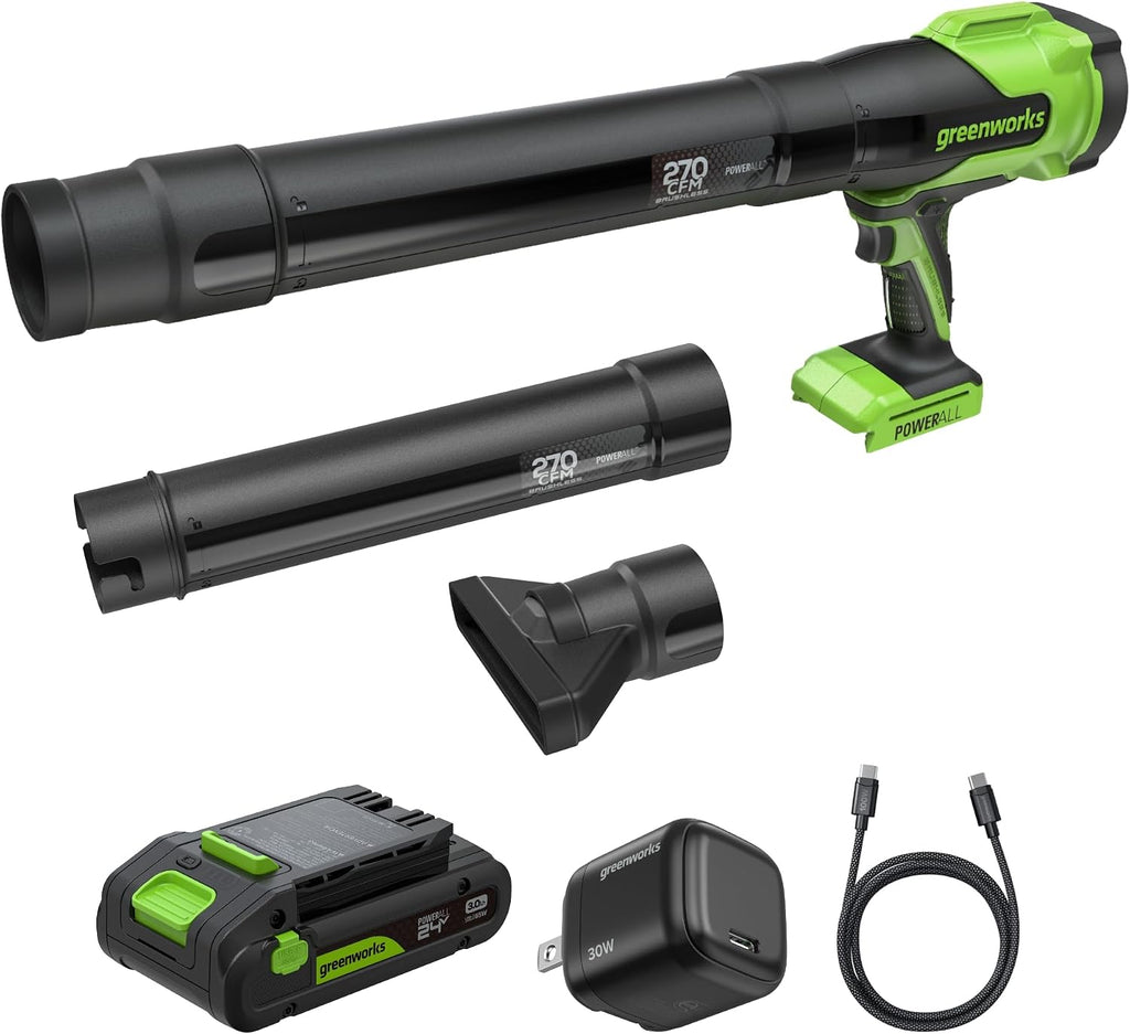 Greenworks 24V (270 CFM / 130 MPH) Brushless Compact Leaf Blower, Powerful for Yard, Patio, Deck and Driveway Cleanup, Includes 3.0Ah USB-C Battery and GaN Charger