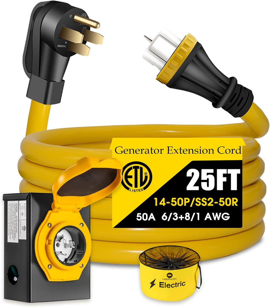 50 Amp Generator Cord with Pre-Drilled Power Inlet Box, Real Heavy Duty STW 6/3+8/1 AWG,125V/250V NEMA 14-50P to SS2-50R Generator Extension Cord with Extra Hose Storage Bag,ETL Listed (25FT)