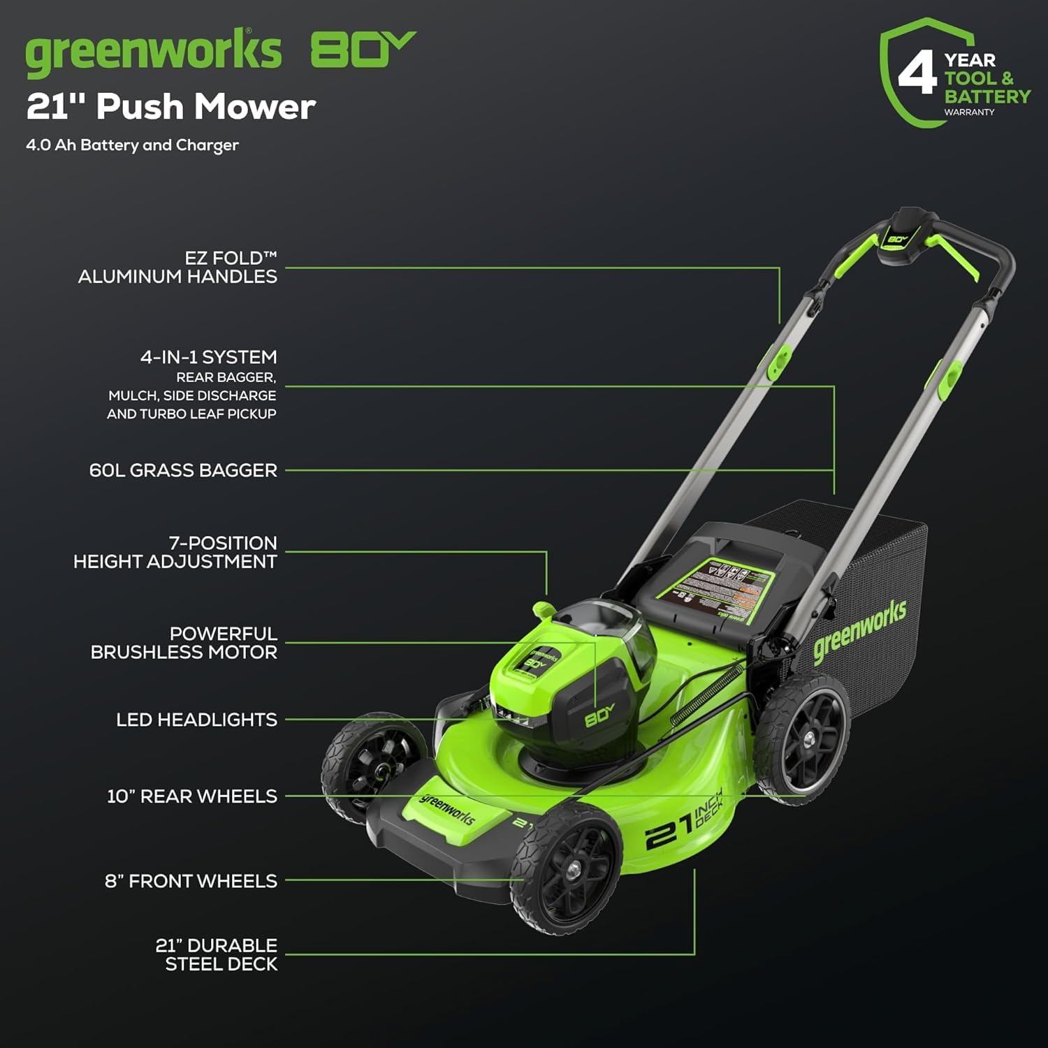 Greenworks 80V 21' Cordless Battery Push Lawn Mower w/ 4.0Ah Battery & Charger String Trimmer Tool only Kit