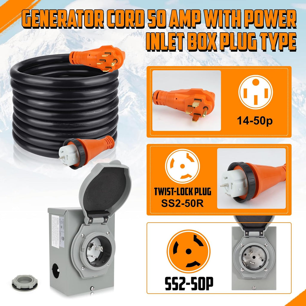 50Amp Generator Cord 25FT and Power Inlet Box,125/250V,4 Prong NEMA 14-50P to SS2-50R Generator Cable with NEMA SS2-50P Pre-Drilled Generator Inlet Box for Generator to House,Waterproof