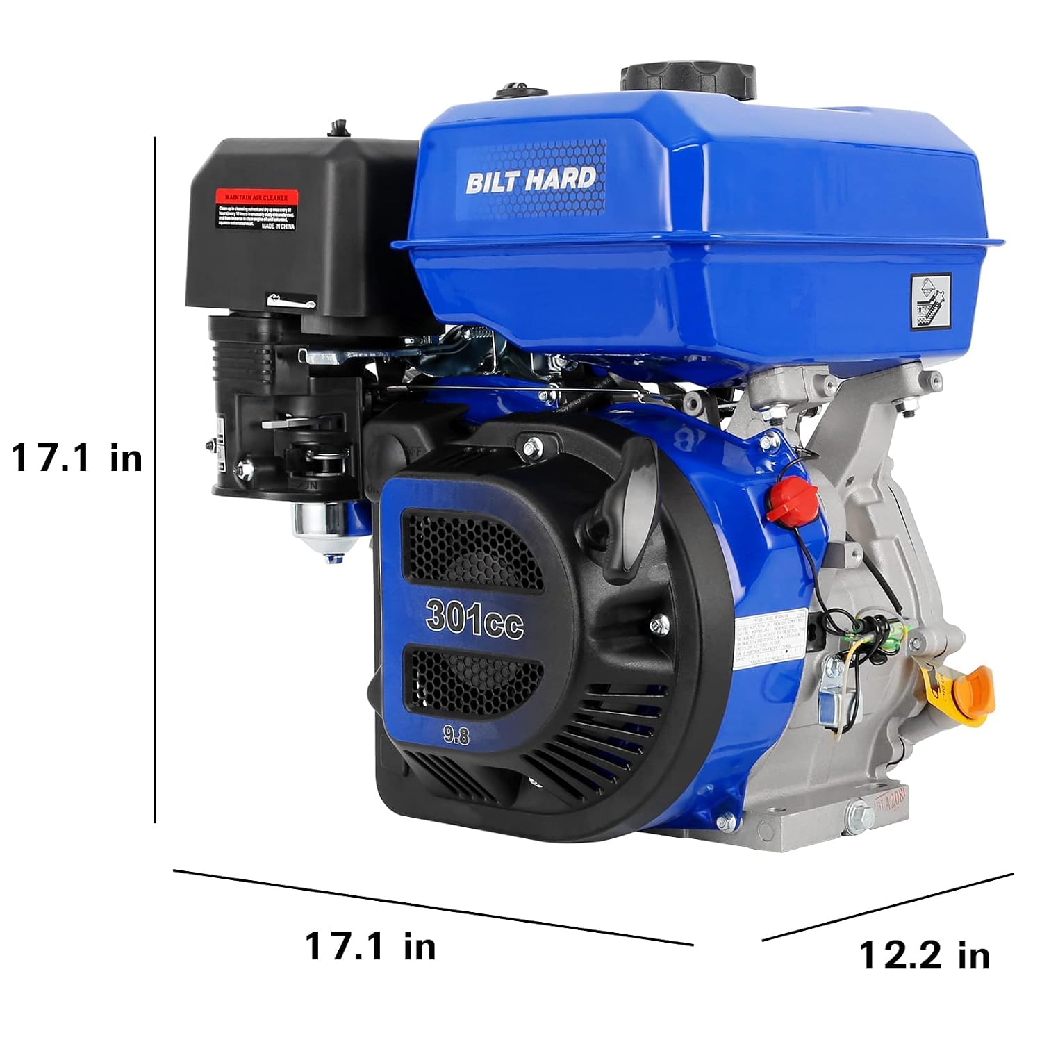 BILT HARD 301cc 10HP Gas Powered Engine, Horizontal 4 Stroke OHV Gas Motor, Shaft 1' Diameter, 3.48' Length, 1/4' Keyway, Replacement for Compressor, Log Splitter