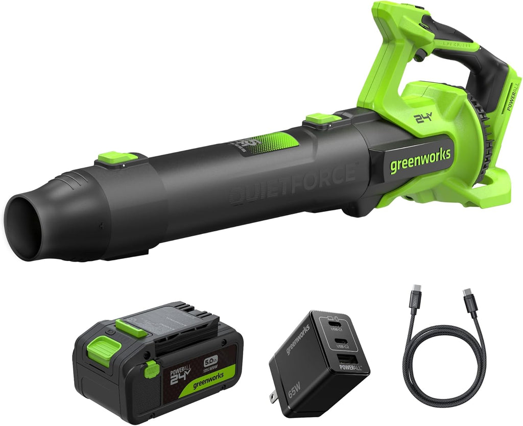 Greenworks 24V (515 CFM / 130 MPH) Brushless Axial Leaf Blower, Extreme Air Volume for Wet Leaves, Heavy Debris and Driveway Cleanup, Includes 5.0Ah USB-C Battery and GaN Charger