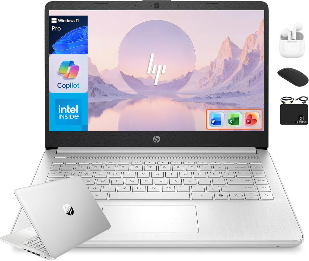 HP 14' Flagship Laptop 2025 AI-Powered Computer, Office Lifetime, Student Business, 4-Core Intel CPU, 16GB RAM 628GB Storage (128GB UFS+ 500GB Ext), Long Battery HubxcelAccessory Win 11 Pro Silver