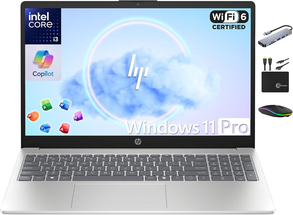 HP 15.6' Laptop Computer 2025-2026 Edition Student Business, Lifetime MS Office, 8-Core Intel i3 CPU, 16GB RAM, 628GB Storage (128GB UFS+500GB Ext), Wi-Fi 6, Long Battery, MarxsolAccessory, Win 11 Pro