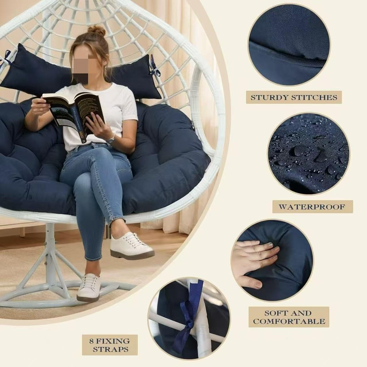Double Hanging Egg Chair Cushion Replacement, Waterproof Swing Cushion, 2 Person Hammock Chair Cushion（Cushion only） (A)