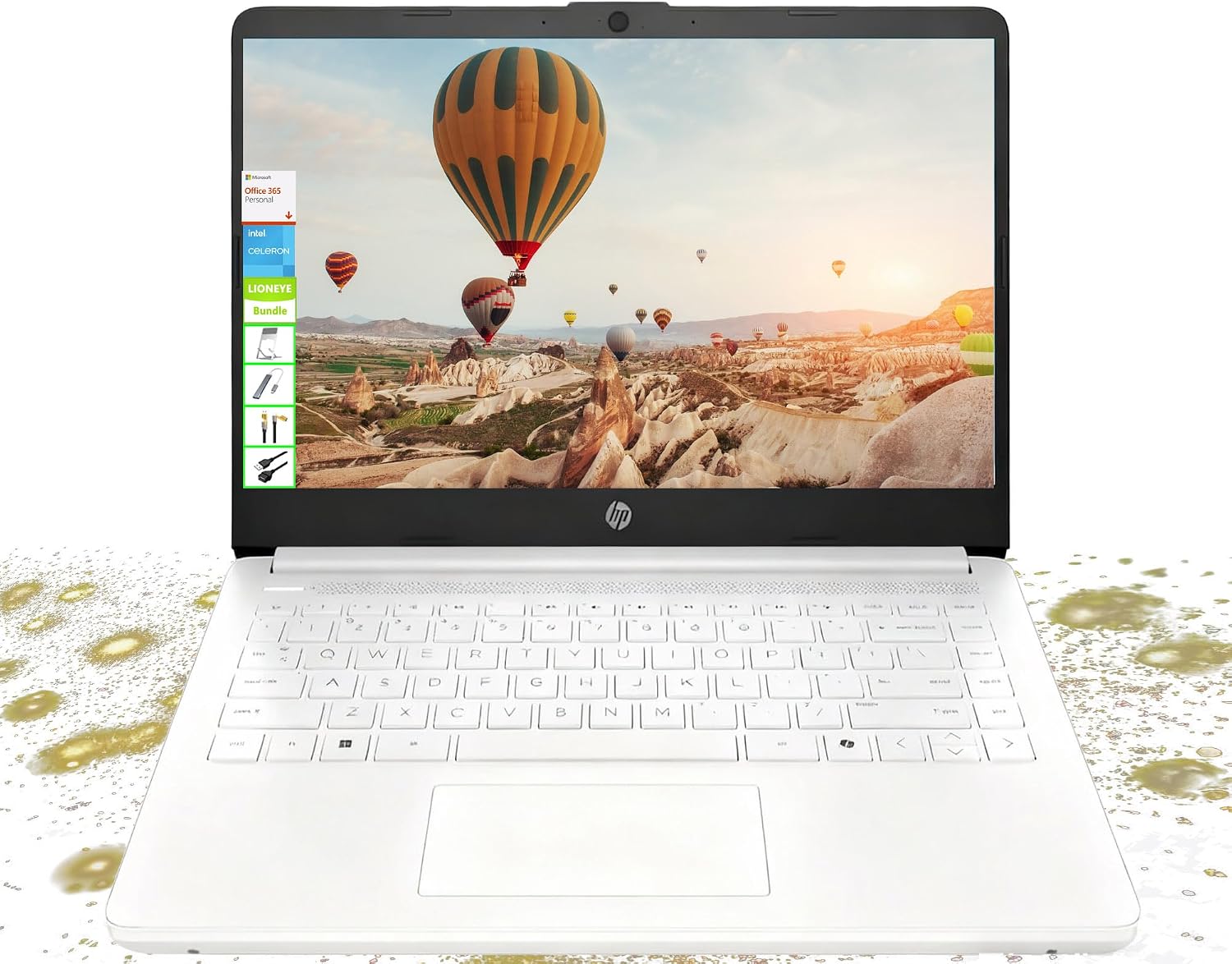HP 14' HD Laptop - Intel Celeron, 8GB RAM, 64GB eMMC - Lightweight & 12H Battery, Sleek Design with Multiple Ports, Webcam/Mic for Business/Students/Tourists - Microsoft 365 Included, Snowflake White