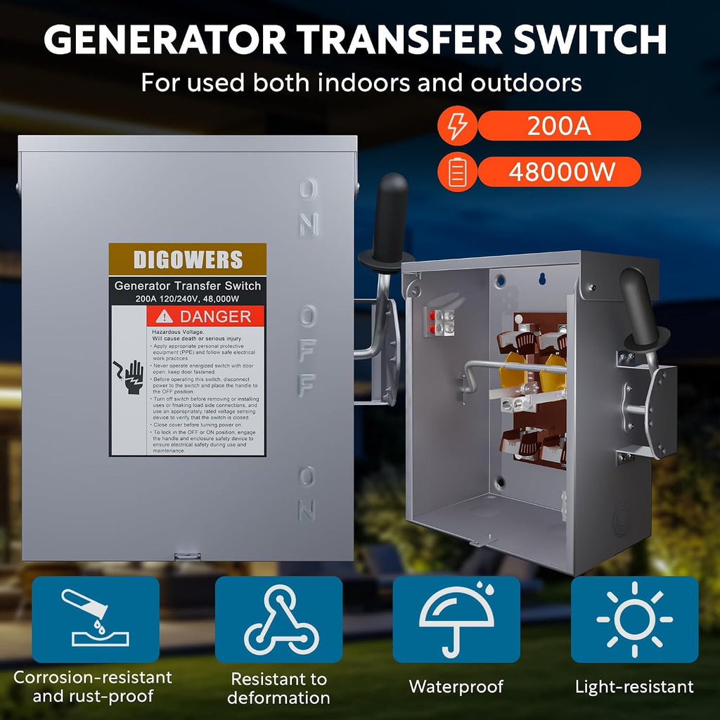 Upgraded 200 Amp Generator Transfer Switch, Manual Transfer Switch 2 Pole 4 Wires, 120/240-Volt 48,000-Watt General-Duty Double Throw Safety Switch, Heavy Duty Safety Switch (200A-2P)