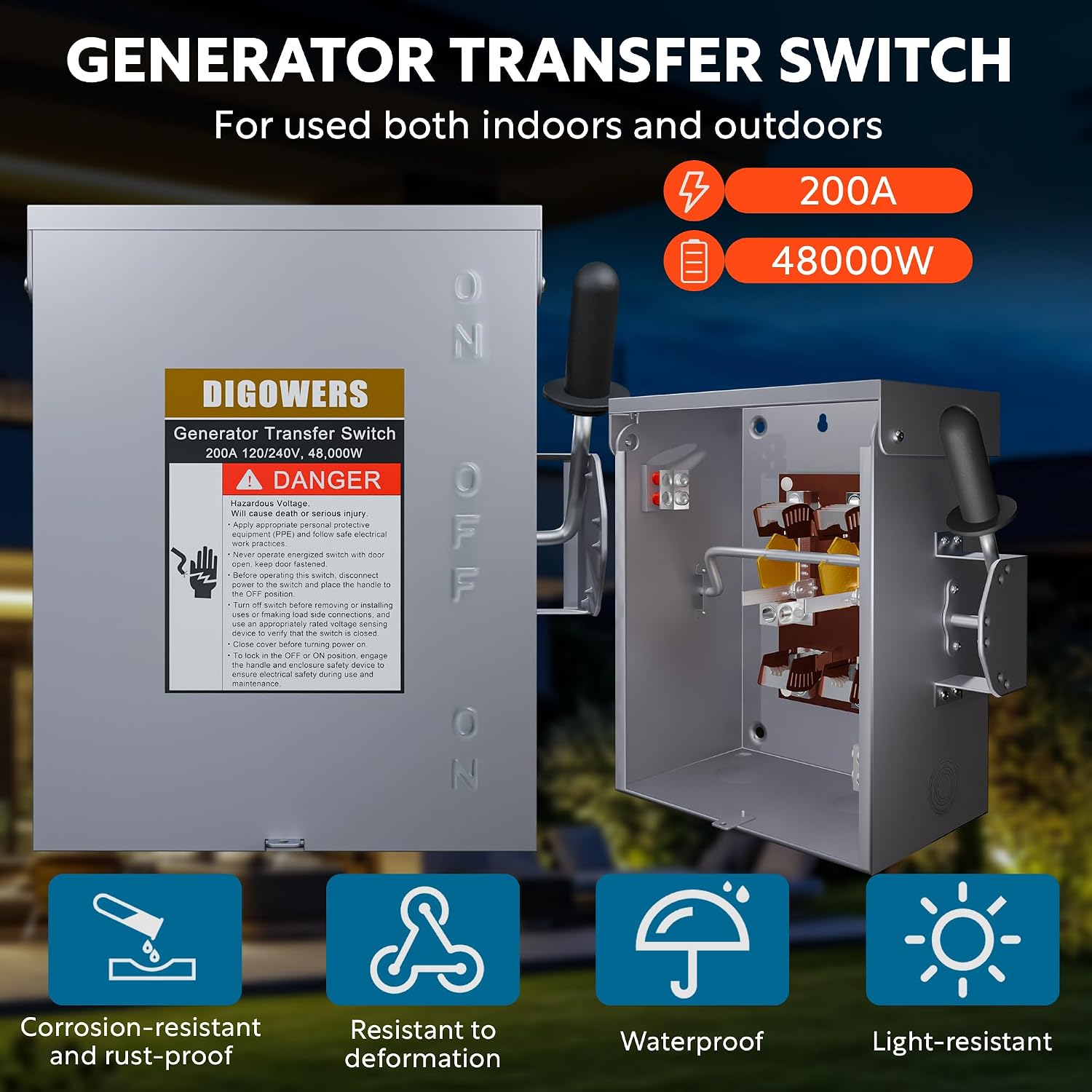 Upgraded 200 Amp Generator Transfer Switch, Manual Transfer Switch 2 Pole 4 Wires, 120/240-Volt 48,000-Watt General-Duty Double Throw Safety Switch, Heavy Duty Safety Switch (200A-2P)