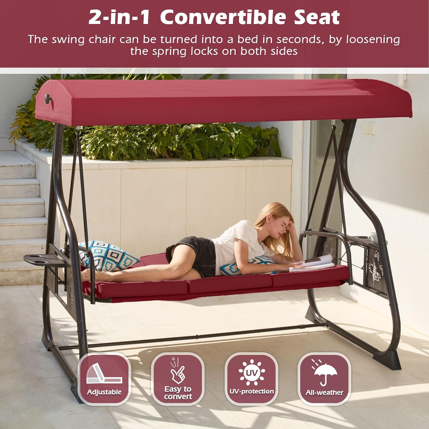 ZZW 3-Seat Patio Porch Swing 800LBS Outdoor Swing with Stand w/Canopy & Adjustable Backrest Patio Glider Chair w/Removable Pillows & Foldable Side Tray for Balcony Garden Deck (Wine Red)