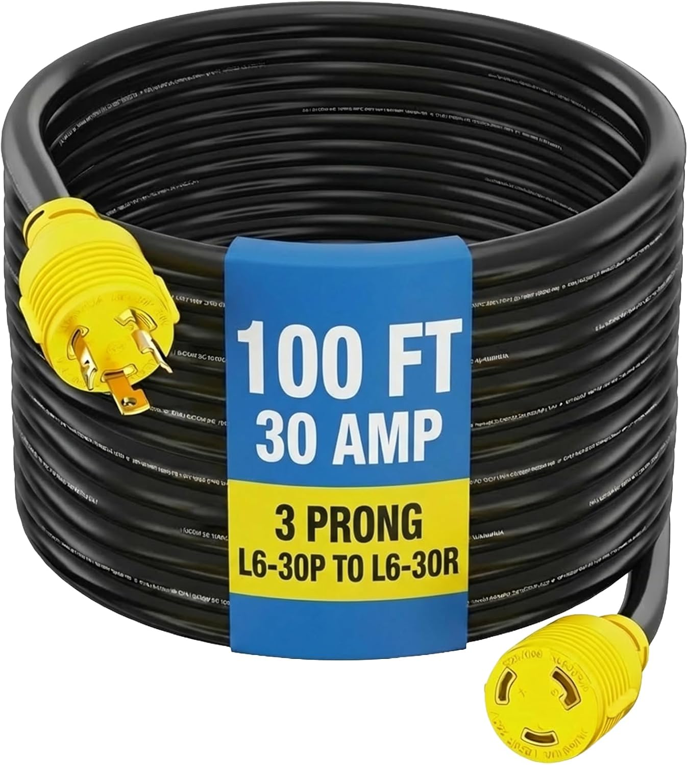 Houseables 30 Amp Generator Cord, L6-30 Extension Cord, L6-30R, L6-30P, 100 Feet, Generator Cable, 3 Prong, 250V Extension, 30amp, NEMA, Twist Lock, RV, Heavy Duty, 10 Gauge, 250 Volt, UL & ETL Listed