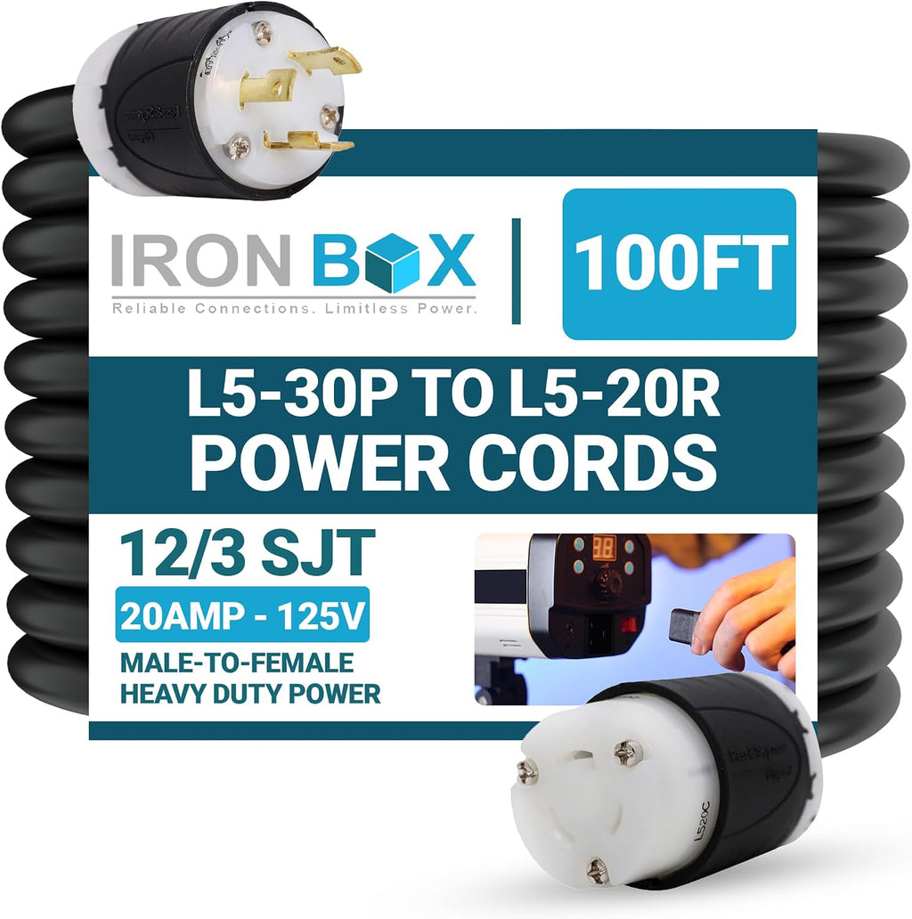 IronBox Electric NEMA L5-30P to L5-20R Plug Adapter Power Cord - 20A,125V,12/3 SJT - UL Listed Power Cable - Heavy Duty Extension Cord for Generator, Data Centers, Outdoor & More (100ft, Custom Built)
