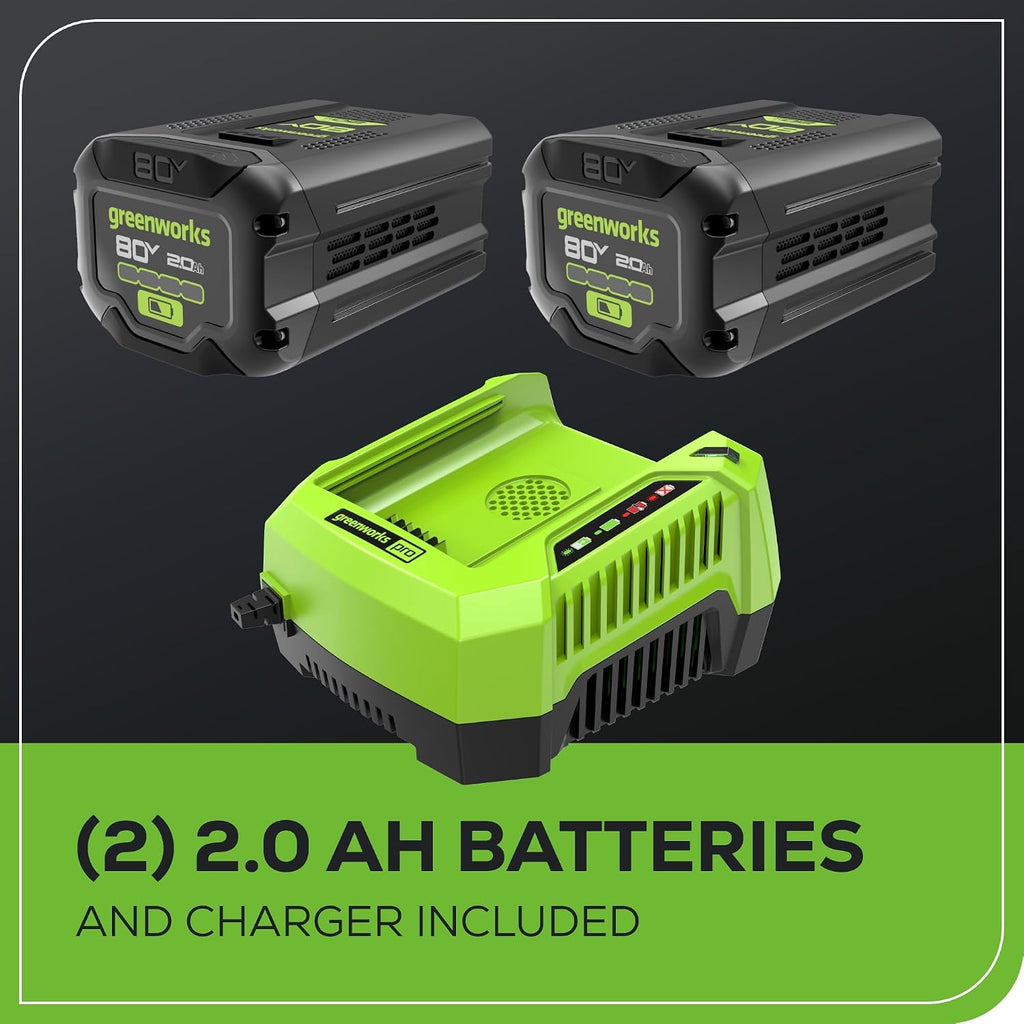 Greenworks 80V 21' Brushless (Push) Cordless Electric Lawn Mower + (500 CFM) Axial Leaf Blower + 13' String Trimmer (75+ Compatible Tools), (2) 2.0Ah Batteries and 30 Minute Rapid Charger
