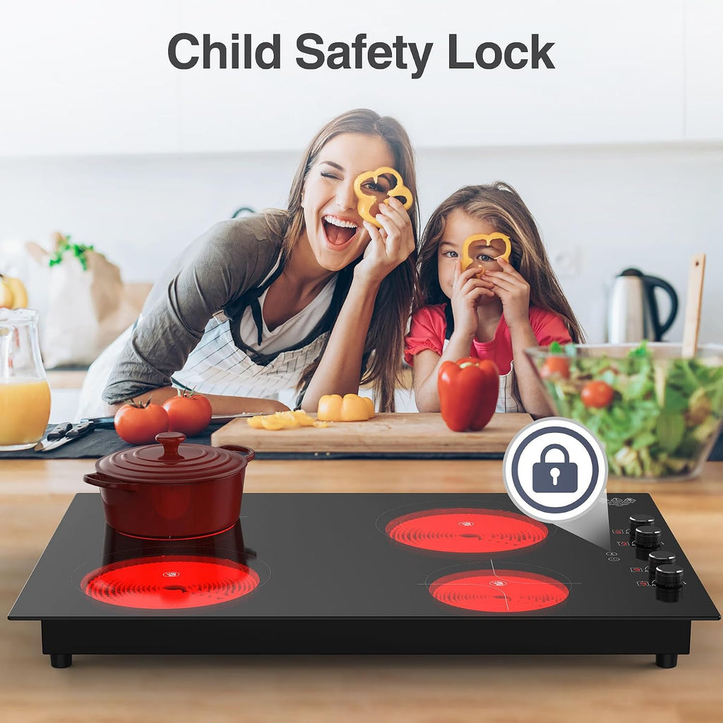 GIHETKUT 4 Burner Electric Cooktop,7200W Built-in & Countertop 4 Burner Electric Stove Top with 9 Power Levels, Child Safety Lock & 99mins Timer, 30 inch Electric Cooktop 220-240V (No Plug)