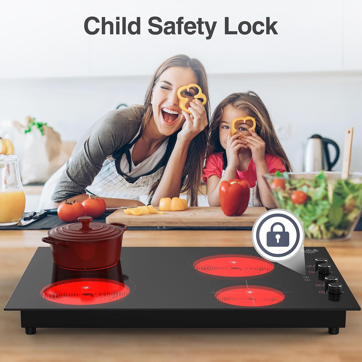 GIHETKUT 4 Burner Electric Cooktop,7200W Built-in & Countertop 4 Burner Electric Stove Top with 9 Power Levels, Child Safety Lock & 99mins Timer, 30 inch Electric Cooktop 220-240V (No Plug)