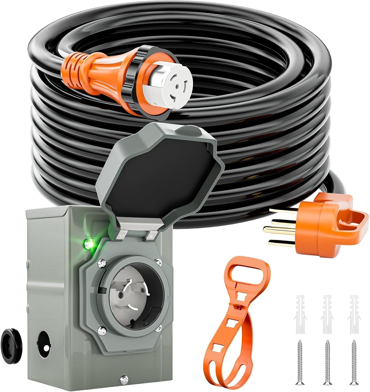50 Amp Generator Power Cord 50ft and Inlet Box Kit, NEMA 14-50P to SS2-50R Twist Lock with Organizer for RV, Outdoor