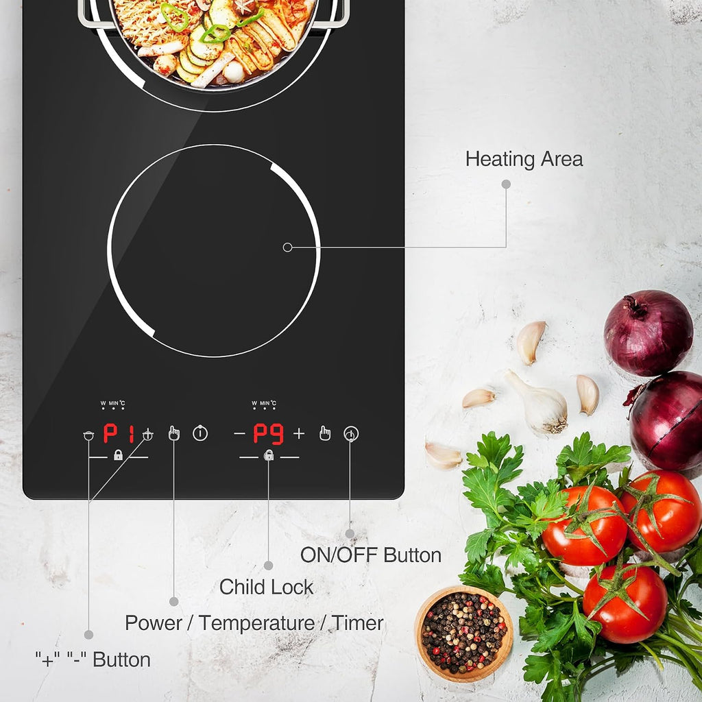 GIHETKUT Double Induction Cooktop,110V 2 Burner Induction Cooktop,2300W Electric Stove Top with Independent Control, Ultrathin Body, 9 Temperature, Multiple Power Levels, 2 Hour Timer, Safety Lock