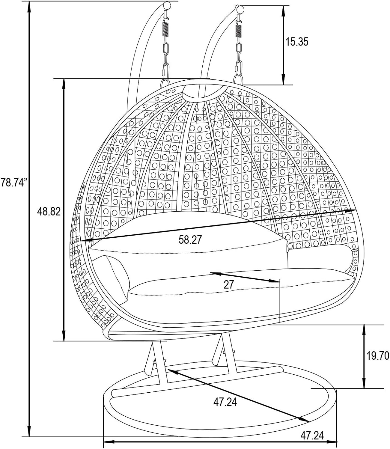 Luxury Comfort 2 Person Outdoor, Patio, Hanging Wicker Swing Chair (X Large-Plus, Charcoal Wicker with Charcoal Cushion-BK)