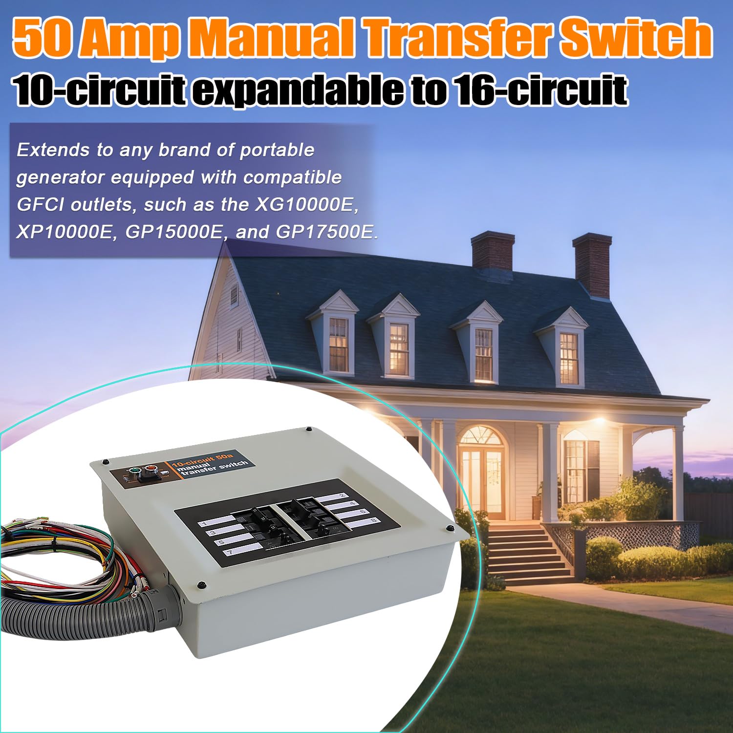 50 Amp Manual Transfer Switch Kit Indoor Pre-Wired – Compatible with Portable Generators Such as XG10000E, XP10000E, GP15000E, and GP17500E, for Generac 9854