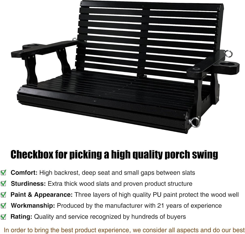 Wooden Porch Swing 2-Seater, High Backrest and Deep Seat, Bench Swing with Cupholders, Hanging Chains and 7mm Springs, Heavy Duty 880 LBS, for Outdoor Patio Garden (Carbon Black - 4 FT Extra Large)