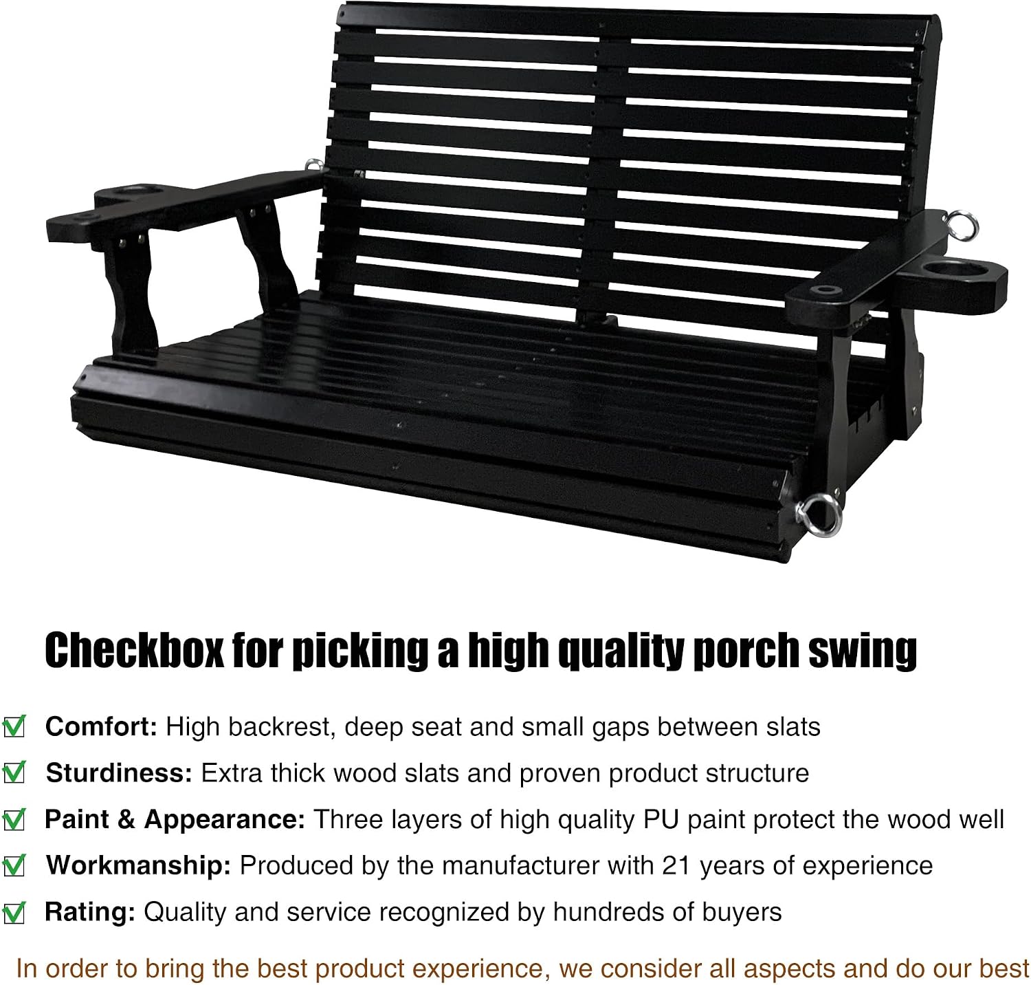 Wooden Porch Swing 2-Seater, High Backrest and Deep Seat, Bench Swing with Cupholders, Hanging Chains and 7mm Springs, Heavy Duty 880 LBS, for Outdoor Patio Garden (Carbon Black - 4 FT Extra Large)