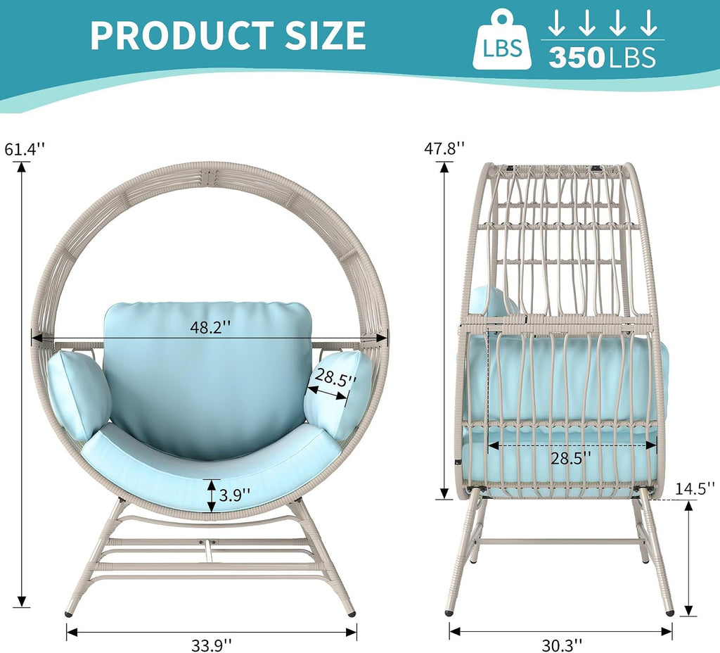Fancyango Egg Chair Outdoor Indoor, Oversized Rattan Chair with Thicken Cushion, 350LBS Capacity Wicker Patio Lounge Chair, Basket Chair for Living Room Balcony Porch Backyard, Blue
