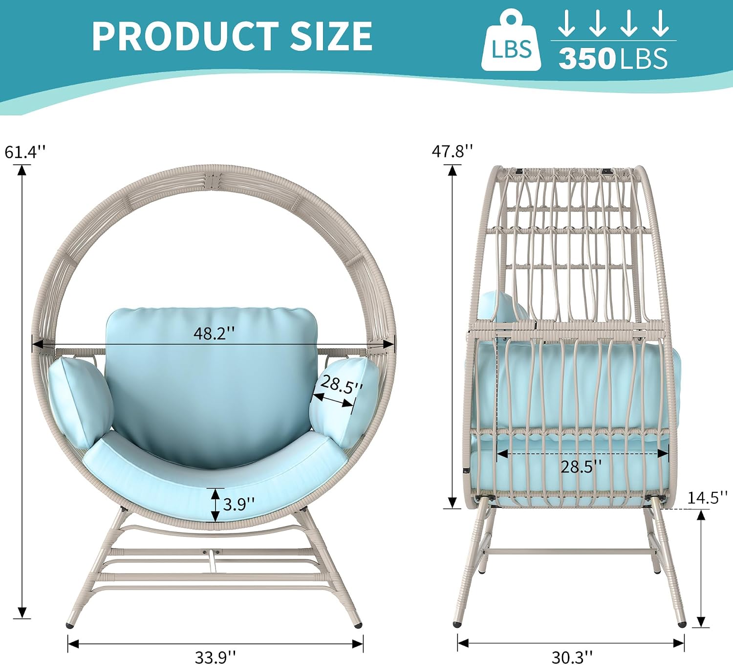 Fancyango Egg Chair Outdoor Indoor, Oversized Rattan Chair with Thicken Cushion, 350LBS Capacity Wicker Patio Lounge Chair, Basket Chair for Living Room Balcony Porch Backyard, Blue