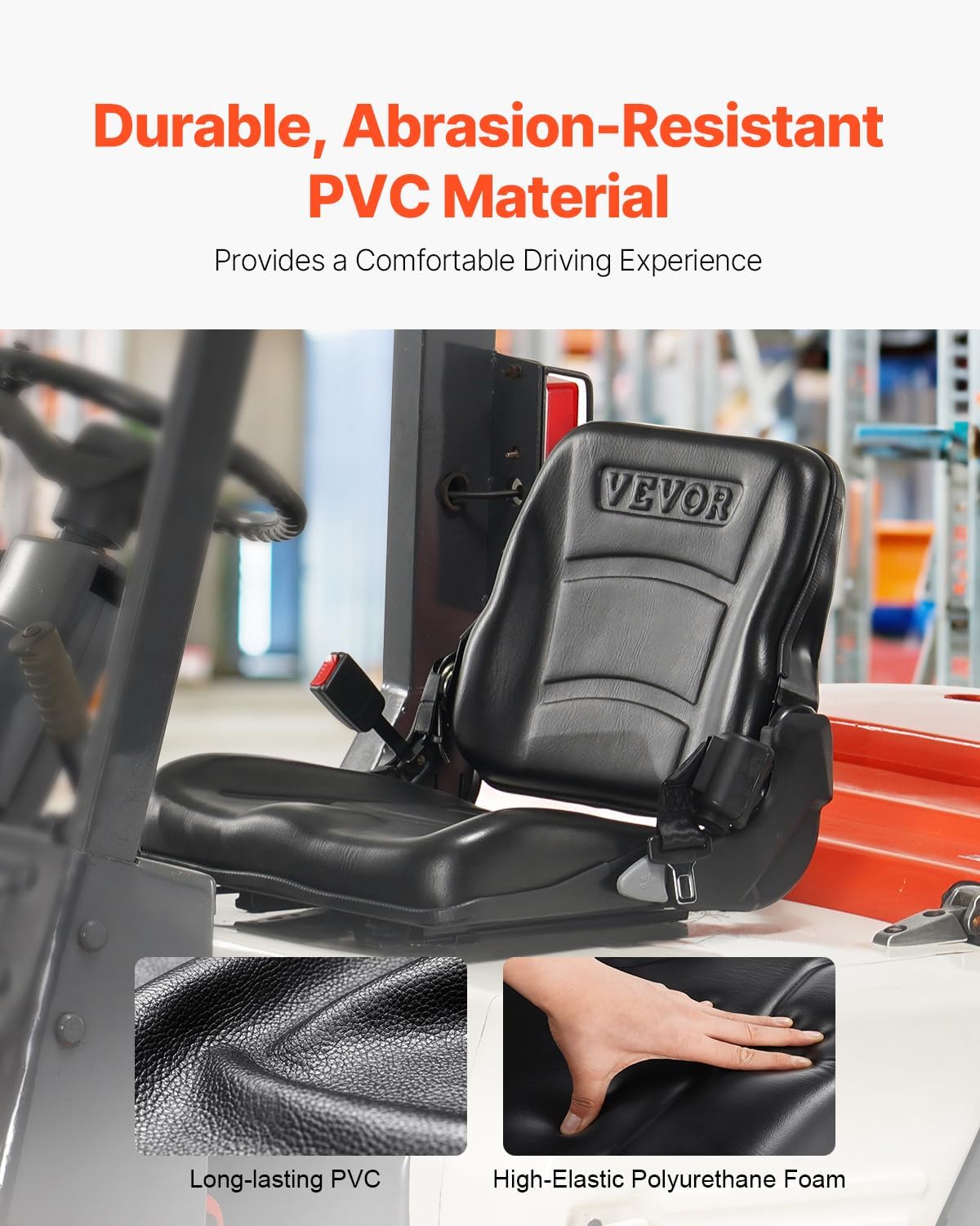 VEVOR Universal Forklift Seat, Tractor Seat with Adjustable Backrest & Safety Belt, Secure Micro Switch Design, Wear-Resistant PVC Mower Seat for Tractor Excavator, Skid Loader