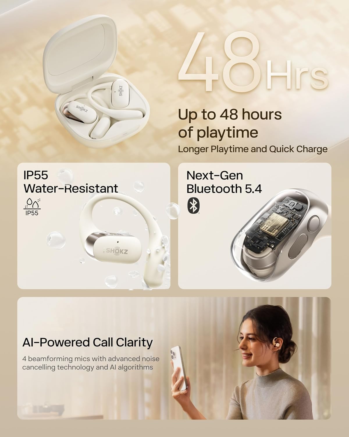 SHOKZ OpenFit 2 Open-Ear Headphones,True Wireless Bluetooth Earphones with Microphone,Earhook Earbuds with 48 Hours of Playtime,Fast Charging,IP55 Water-Resistant,with Carrying Bag,Beige,Bluetooth5.4