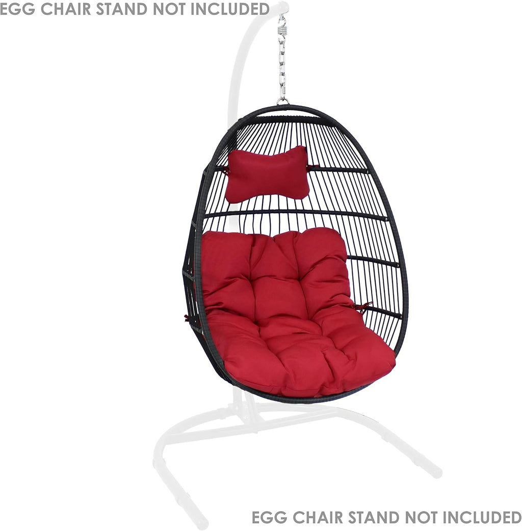 Sunnydaze Julia Hanging Egg Chair - Black Polyethylene Wicker Frame with Red Polyester Cushions - 44 Inches Tall