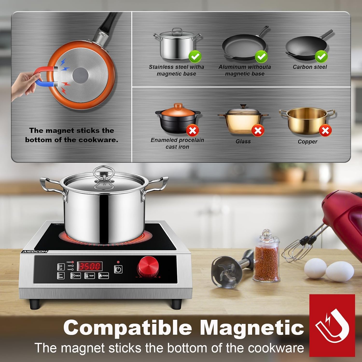 3500W 220V~240V Commercial Induction Cooktop, Powerful Electric Induction Burner, Countertop Electric Stove with Digital Sensor, Touch/Knob Control