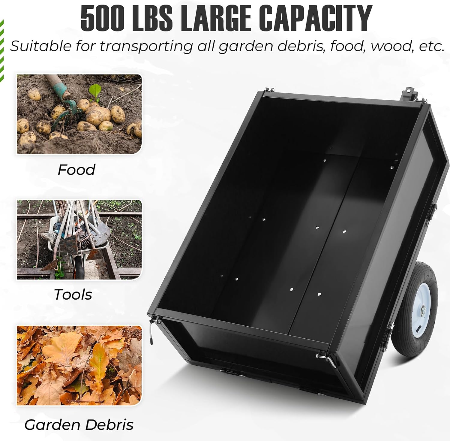 Garvee 500 LBS Load Capacity ATV Trailer Dump Cart, 11.4 Cubic Feet Heavy-Duty Steel Tow Behind Dump Cart with Removable Sides, Garden Utility Trailer for Lawn Tractor Mower, Black