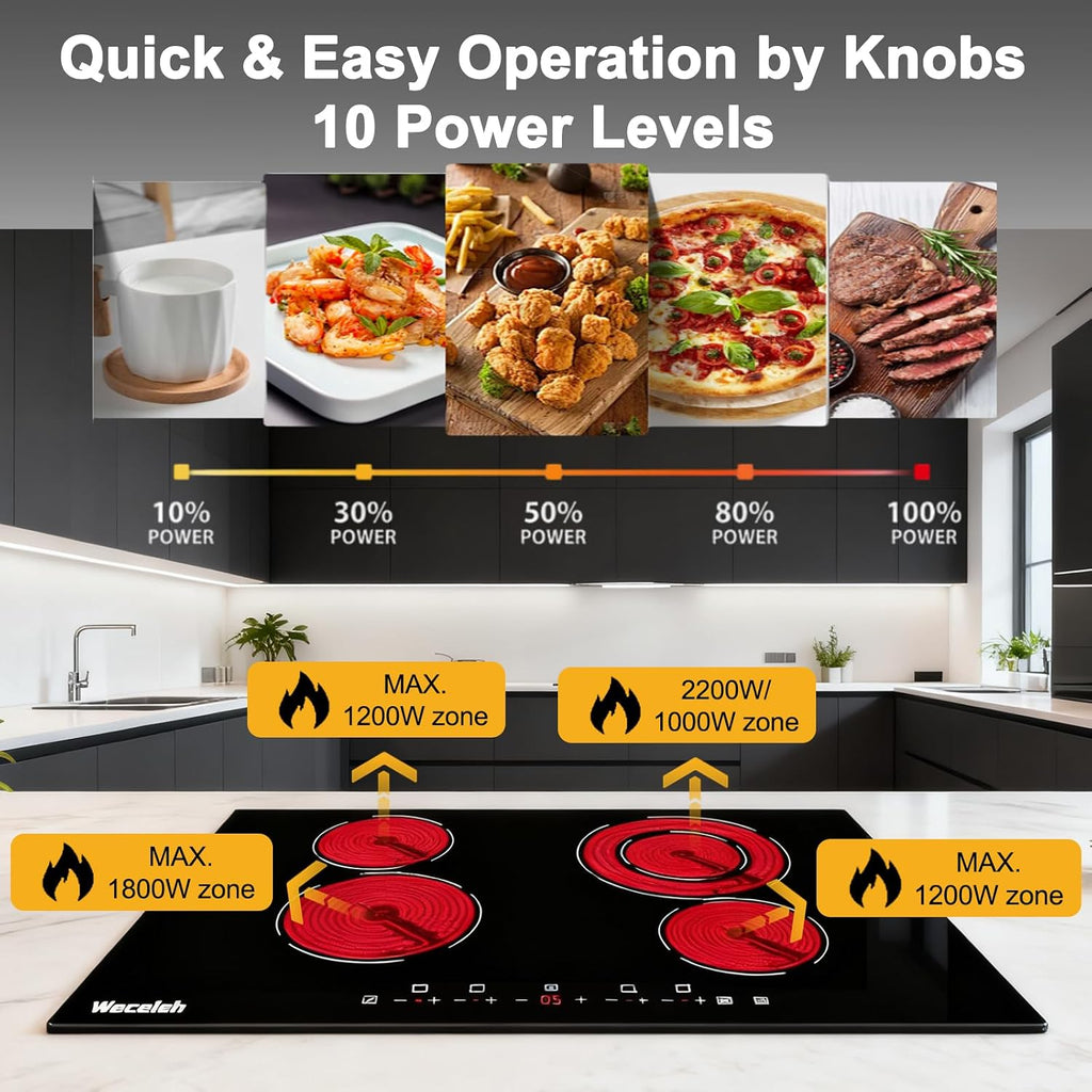 30 Inch Electric Cooktop 4 Burners, 6700W Built-in Electric Stove Top, Touch Control with 9 Power Levels, Hot Surface Indicator, Child Safety Lock, 99-Min Timer, 220-240V