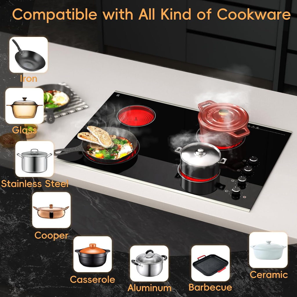 Electric Cooktop 30 inch 4 Burner, 6700W Built-in Radiant Electric Stove Top with Knob Control, Electric Ceramic Stove Cooktop with 11 Level Power Adjustable, 220-240V, Hard Wire