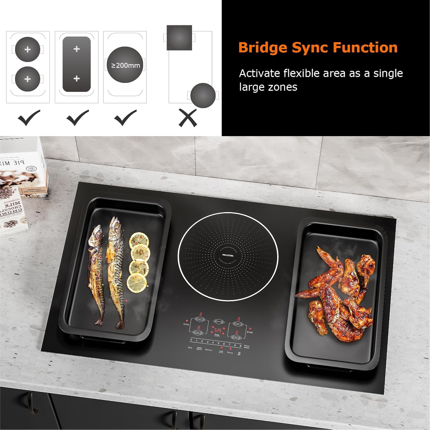 36 Inch Induction Cooktop 5 Burners, Flat Glass Top Electric Stove Hob with Bridge-SYNC, 3 Preset Modes Booster, Timer, Pause, Child Lock, Drop in, 208~240V/50A, Black