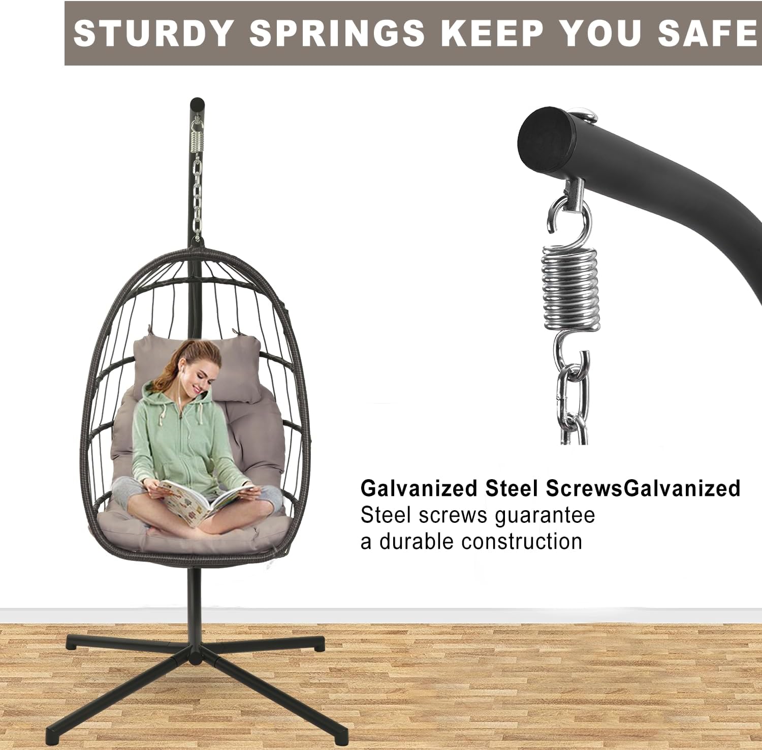 Indoor Outdoor Patio Wicker Hanging Chair Swing Chair Patio Egg Chair UV Resistant Cushion Aluminum Frame (LIGHT GREY)