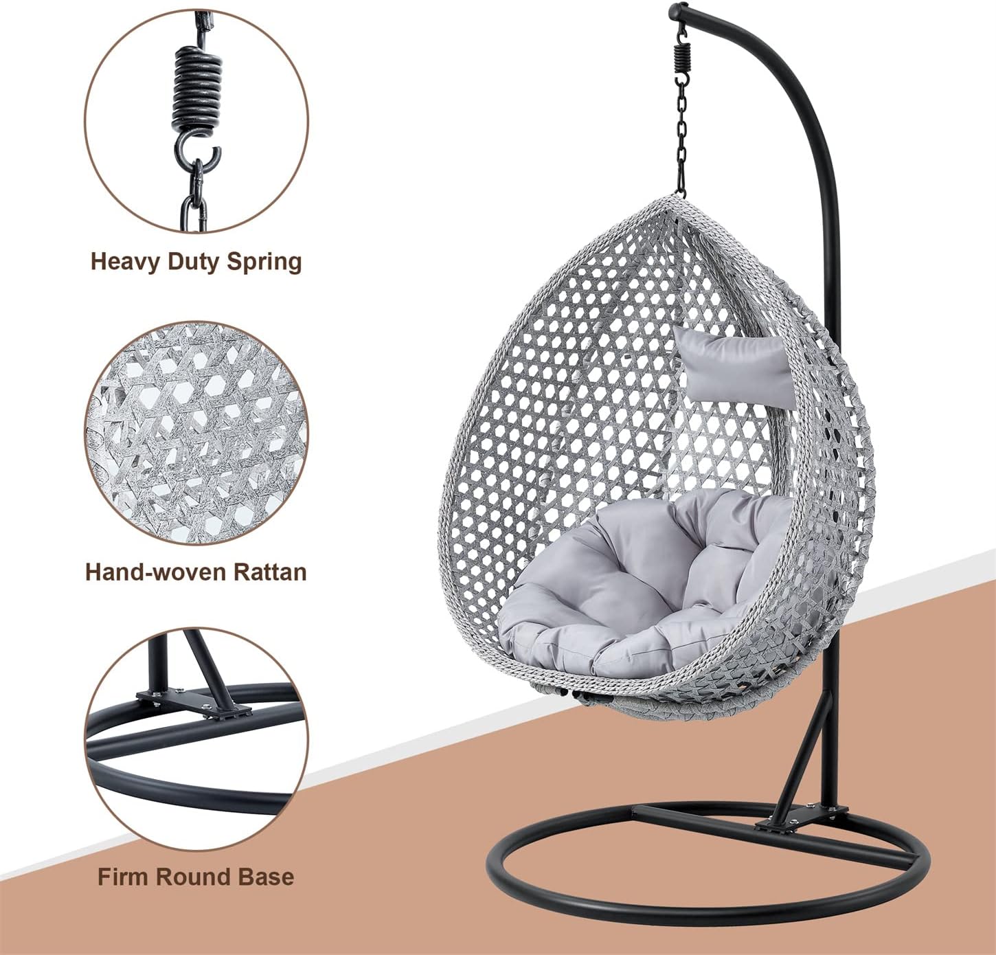 LKTART Egg Swing Chair with Stand Rattan Hanging Egg Chair with Cushions and Pillow Relaxing Chair Foldable Basket & Metal Stand Indoors or Outside 2-Grey