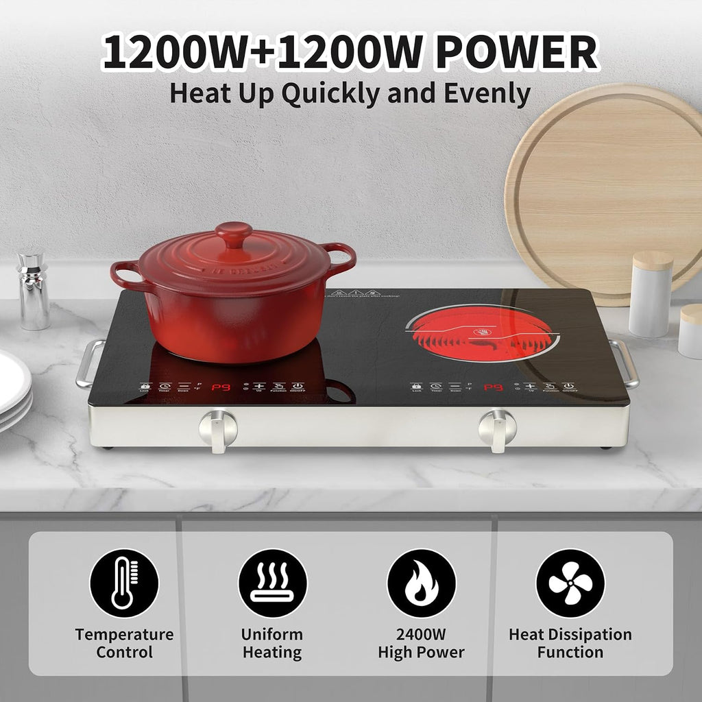 GIHETKUT Electric Cooktop,110V 2400W Stove top, Countertop Cooktop with 9 Power Levels, LED Display,Child Safety Lock, Timer,Knob and Touch Control 2 burner Electric cooktop
