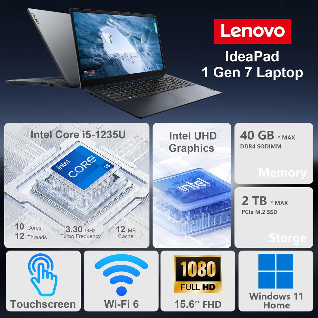 Lenovo IdeaPad 1i Laptop, 15.6' FHD Touchscreen, Intel Core i5-1235U Processor, 16GB RAM, 1TB SSD, Webcam, HDMI, Wi-Fi 6, Windows 11 Home, Blue