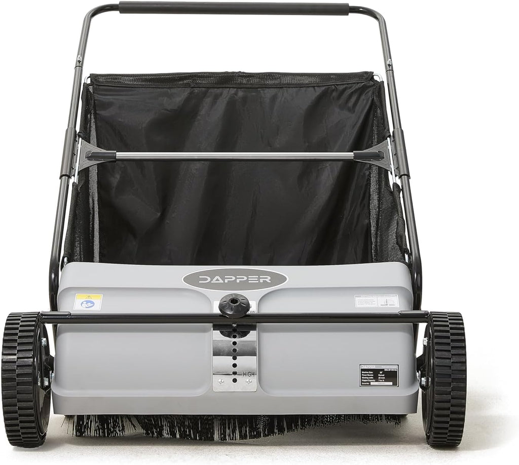Dapper Supply 26-Inch Push Lawn Sweeper, Grass, Lawn and Leaf Cleanup Collector with Large 7 cu. ft. Hopper Bag, and Dual Spinning Brushes, Grey