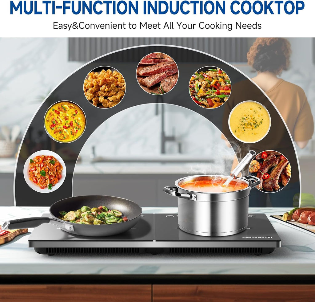 Double Induction Cooktop AMZCHEF Induction Cooker 2 Burners, Low Noise Electric Cooktops With 1800W Sensor Touch, 20 Temperature & Power Levels,Independent Control,3-hour Timer, Safety Lock