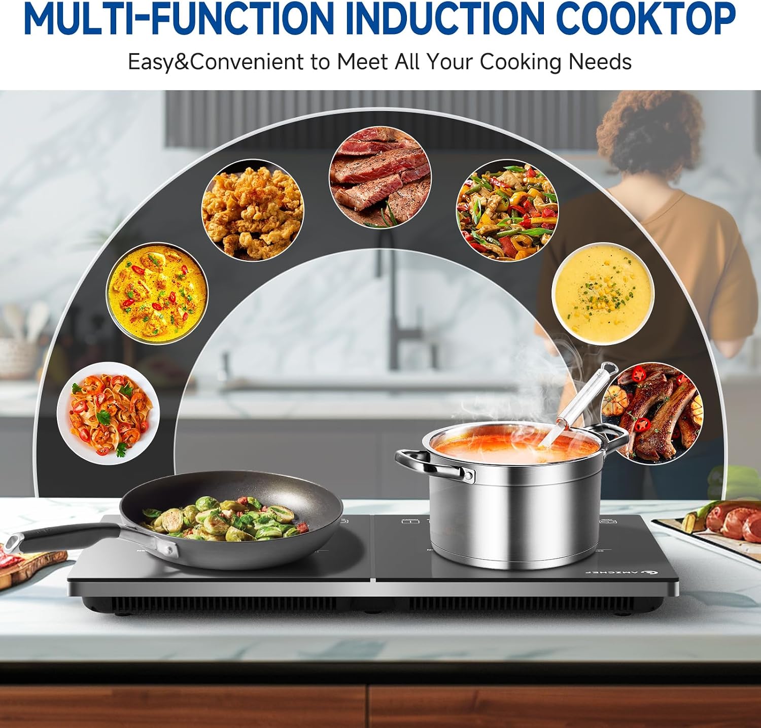 Double Induction Cooktop AMZCHEF Induction Cooker 2 Burners, Low Noise Electric Cooktops With 1800W Sensor Touch, 20 Temperature & Power Levels,Independent Control,3-hour Timer, Safety Lock