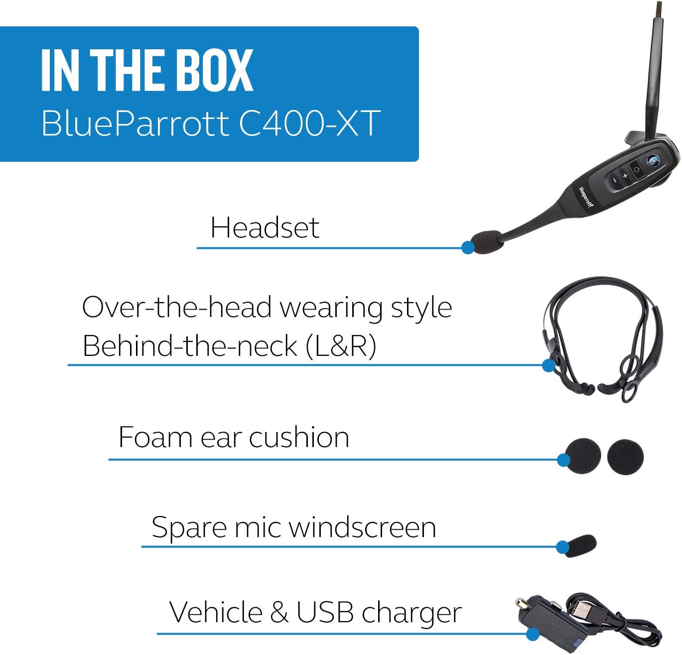 BlueParrott C400-XT Mono Bluetooth Wireless Headphones 96% Noise Canceling Trucker Headset with Mic, Convertible Over Head to Behind Neck Style with 300 ft. Wireless Range, 24 hrs. Talk Time, Black