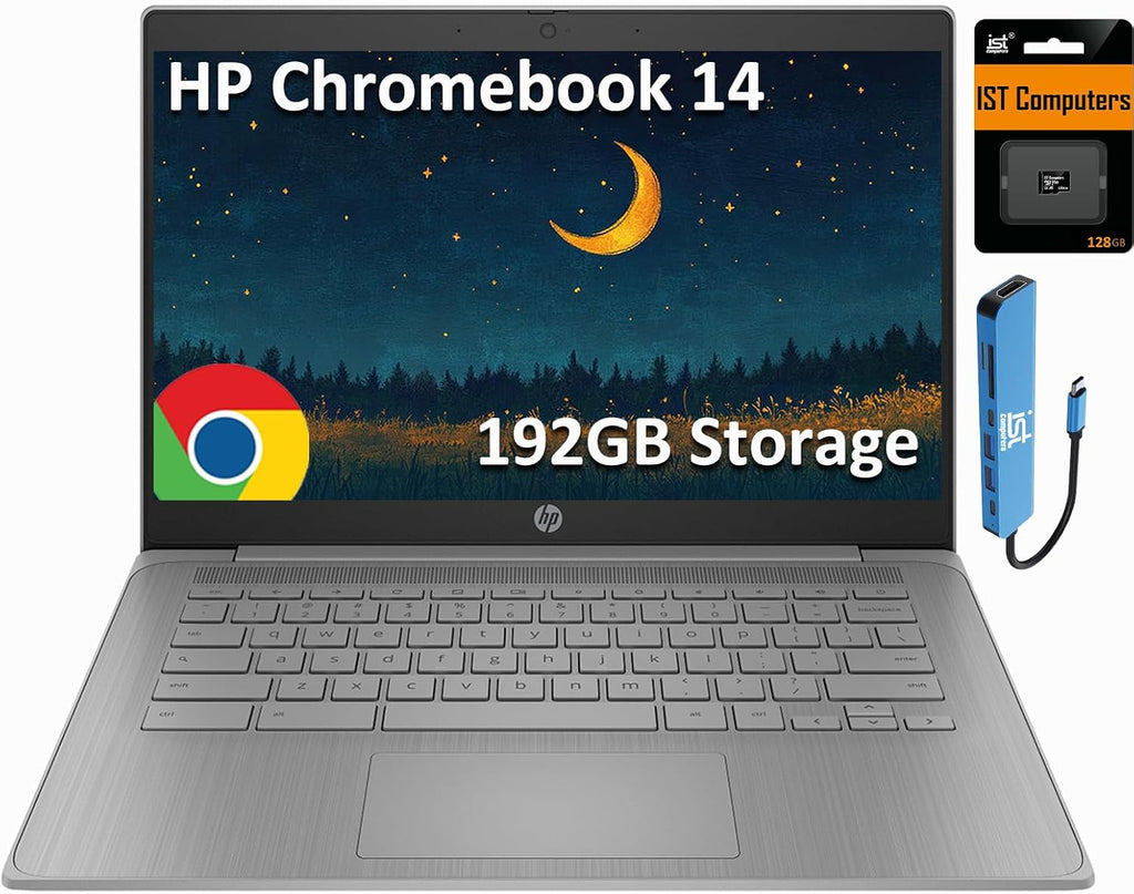 HP Chromebook 14 Laptop (14' HD, Intel 4-Core Celeron N4120, 4GB RAM, 192GB Storage(64GB+128GB SD Card)) for Home & Student, Light Weight & 14-Hr Battery Life, Webcam, Wi-Fi, IST HUB, Chrome OS, Grey