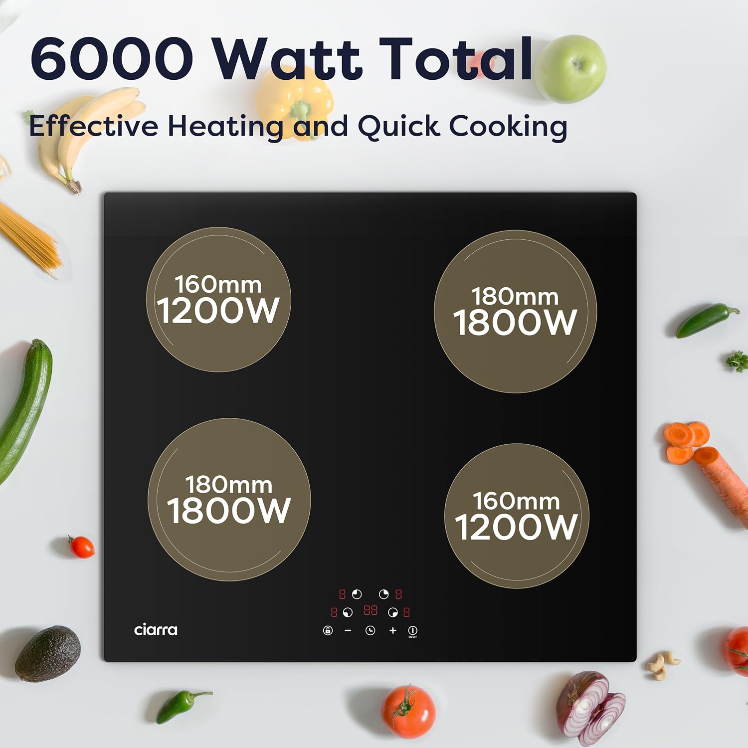 CDV 6000W Built-in Induction Cooktop 4 Burners, 24 Inch Electric Cooktop Touch Control Ceramic Glass Plate 9 Power Levels Fast Heating Child Safety Lock